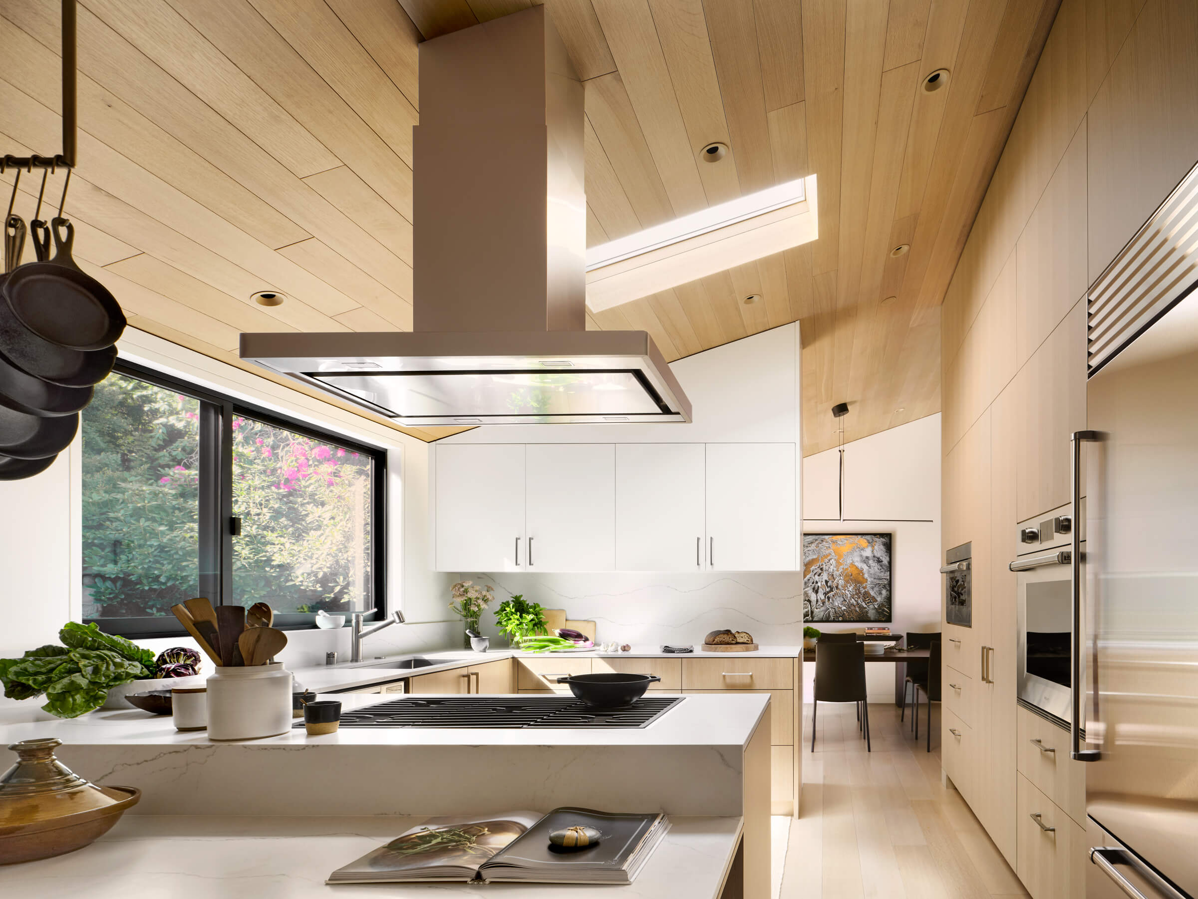 Midcentury modern renovation kitchen with skylight.